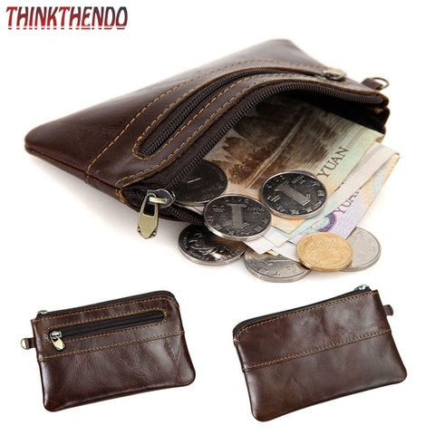 Hommes femmes en cuir véritable porte-monnaie à fermeture éclair portefeuille porte-carte Vintage rétro F3MD ► Photo 1/3