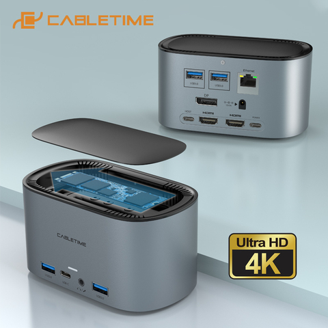 CABLETIME – Station de travail 13-en-1 Hub 4K 60Hz HDMI PD100W M.2 SSD, avec boîtier, adaptateur RJ45 LAN, 1000Mbps, USB 3.0, C390 ► Photo 1/6