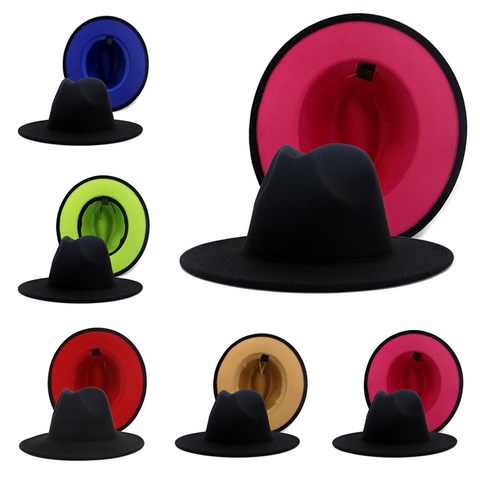Hommes Fedora chapeau femmes style britannique hiver et automne double face couleur correspondant jazz laine chapeau nouveau chapeau à bord plat ► Photo 1/6