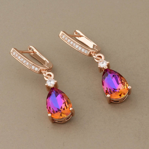 Boucles d'oreilles longues en Zircon naturel pour femmes, bijoux modernes, en forme de goutte d'eau, en or Rose, nouvelle collection, 585, 2022 ► Photo 1/6