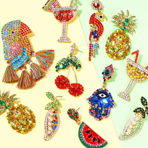 KOMi – boucles d'oreilles en cristal, lettres, ananas étincelant, pastèque, cerise, citron, fraise, flamand rose, oiseau, étoile, lune, Cactus, C40503 ► Photo 1/3