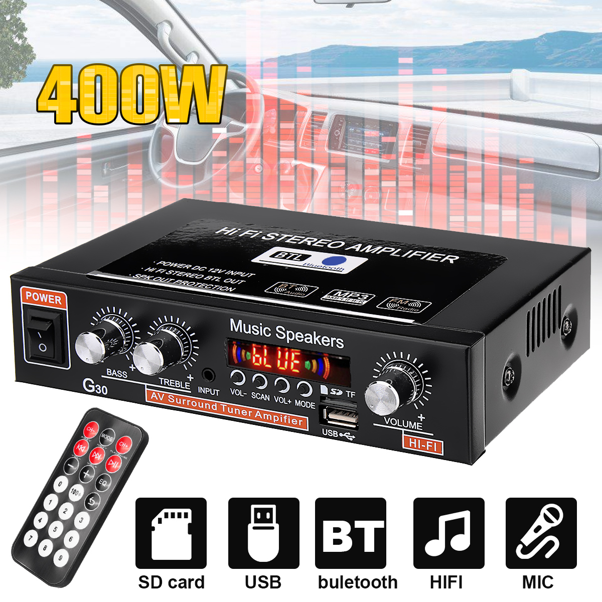 Lepy 40W 12V 2-Canaux Hi-Fi Stéréo Mini Ampli Amplificateur Super Basse à  Audio MP3 Voiture Auto Moto