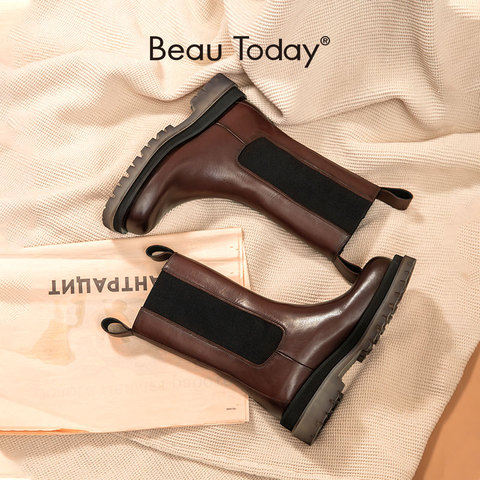 BeauToday plate-forme Chelsea bottes femmes en cuir de veau mi-mollet bout rond Transparent semelle mode dames chaussures à la main 02326 ► Photo 1/6