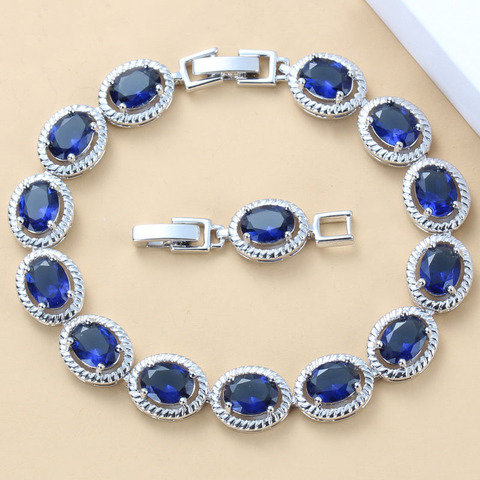 Bracelet à maillons en Zircon bleu pour femmes, ovale, couleur argent, bijoux à superposer, boîte cadeau gratuite SL44 ► Photo 1/6