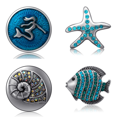 Boutons à pression de 18MM, Style bleu, poisson, étoile de mer, sirène, dauphin, conque, pour bricolage, bijoux, cadeau de noël ► Photo 1/5