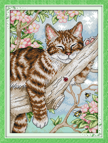 Un chat paresseux sur l'arbre kit de point de croix dessin animé 11ct compter toile points broderie couture à la main travaux manuels plus ► Photo 1/1