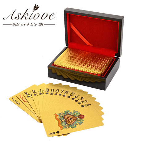 Cartes de jeu de Poker en feuille d'or 24K, cadeau d'anniversaire de fête de Poker, jeu étanche, coffret de cadeau en bois ► Photo 1/6