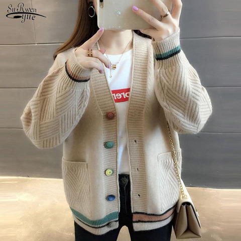 Chandail femmes automne hiver Cardigan décontracté nouveau 2022 Style coréen Vintage col en v simple boutonnage femme tricoté Cardigan 10910 ► Photo 1/6