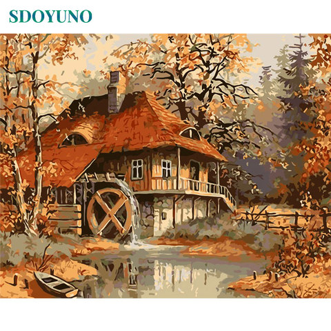 SDOYUNO peinture à l'huile par numéros Nature paysage automne chalet 60x75cm bricolage sans cadre numéro peinture photos par numéros ► Photo 1/6