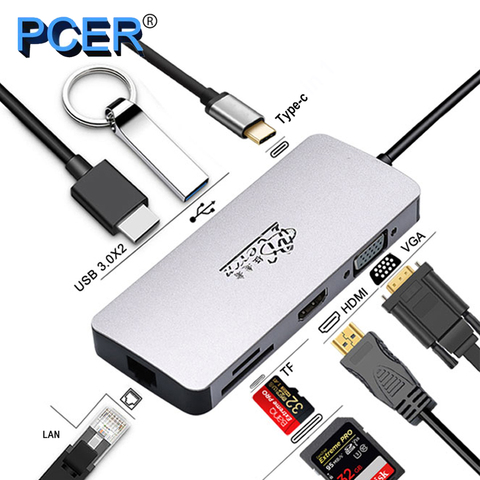 USB C HUB À USB3.0 HDMI VGA RJ45 Gigabit Ethernet SD/TF PD Adaptateur de charge USB C station d'accueil type c hub convertisseur 8 dans 1 ► Photo 1/6