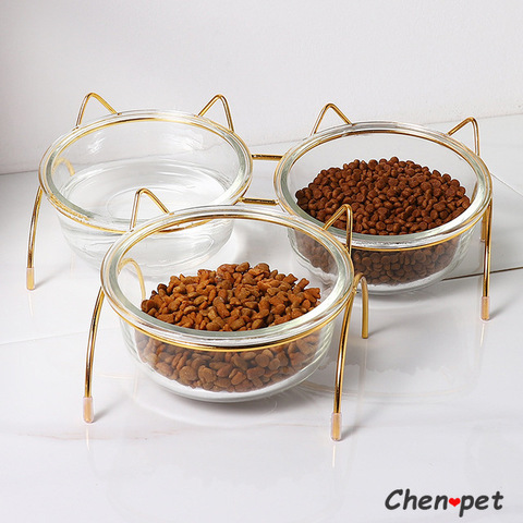 Double bol en verre pour chien et chat, accessoires pour animaux de compagnie, bol en céramique surélevé avec support doré ► Photo 1/6