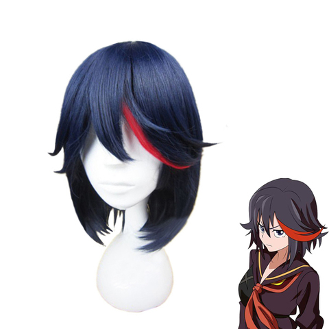 Matoi Ryuko – perruque de Cosplay pour femmes, cheveux courts, bleus, avec Anime rouge, tue la, résistants à la chaleur + bonnet, accessoires de carnaval d'halloween ► Photo 1/4