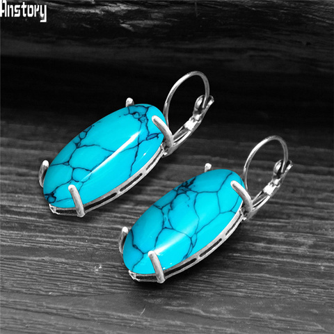 Grandes boucles d'oreilles Vintage en forme d'oeil pour femmes, Turquoises synthétiques, argent Antique plaqué, bijoux à la mode ► Photo 1/6