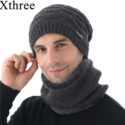 Xthree – chapeau Skullies en laine pour homme, Bonnet tricoté, écharpe avec doublure, Gorras, hiver ► Photo 1/6