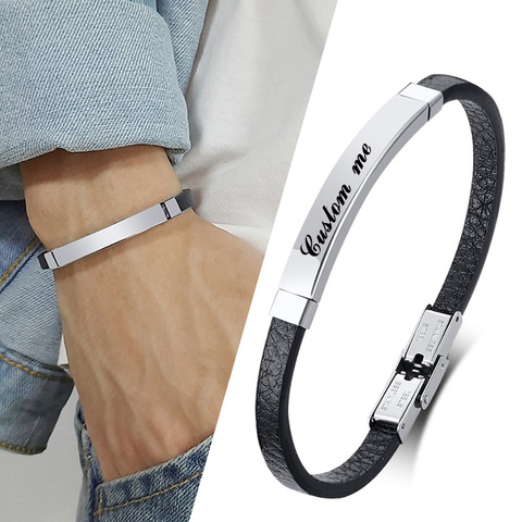 Personnalisé mince Bracelet en cuir pour hommes barre en acier inoxydable gravé nom étiquettes d'identification Style classique bricolage taille ► Photo 1/6