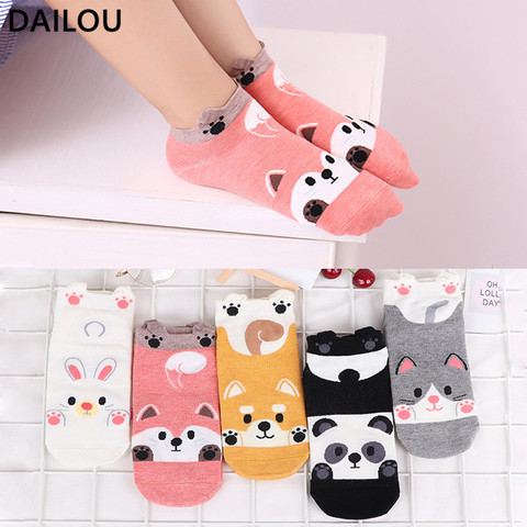 Chaussettes droites en coton pour femmes, 10 styles 5 paires/lot, motif dessin animé japonais, bateau, animal mignon, drôle, coupe heureuse, cheville ► Photo 1/6