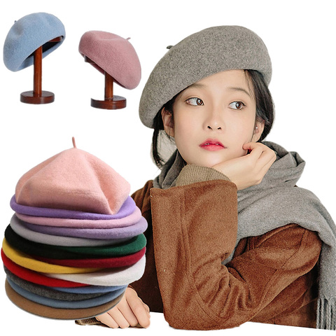 Béret uni en laine pour Femme, Style français, solide, décontracté, Vintage, bonnet, chaud, hiver ► Photo 1/6