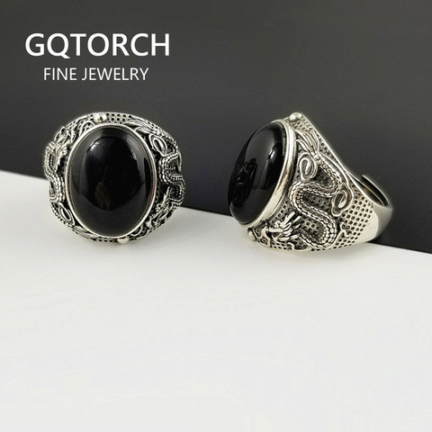 925 bagues en argent Sterling pour homme avec pierres naturel noir Onyx Dragon gravé rétro Vintage hommes anneaux réglable ► Photo 1/5