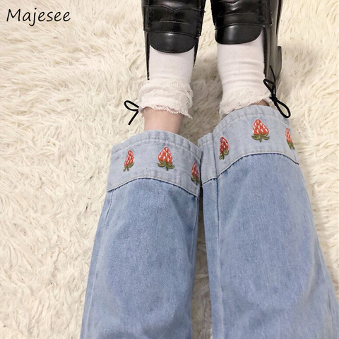 Jean femmes fraise broderie Kawaii poches cheville-longueur taille élastique filles Denim Simple tout-match Style coréen étudiant ► Photo 1/6