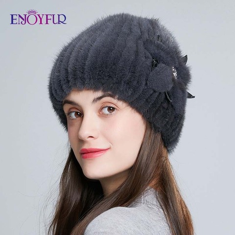 ENJOYFUR – chapeaux en fourrure de vison véritable pour femme, en Faux cuir, avec strass, décoration florale, bonnet chaud tricoté, gorros, hiver ► Photo 1/6