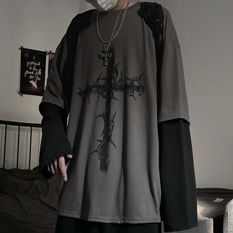 QWEEK gothique Goth Style t-shirt 2022 japonais Streetwear mode Style coréen à manches longues t-shirt surdimensionné centre commercial Goth gothique Punk ► Photo 1/6