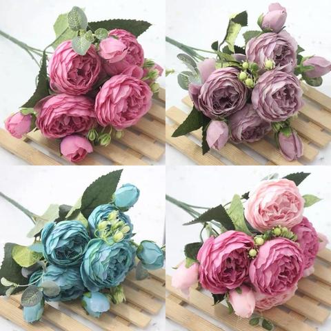 Bouquet de fleurs artificielles, 9 têtes, pivoine, thé rose, camélia, soie, fausses compositions florales artisanales, pour décoration de la maison, du jardin, d'un mariage, lot de 1 bouquet ► Photo 1/6