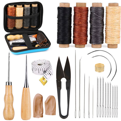 KAOBUY 28 pièces Kit de couture en cuir avec aiguilles à couture grand œil, fil ciré, outils de couture en cuir pour artisanat cuir bricolage ► Photo 1/6