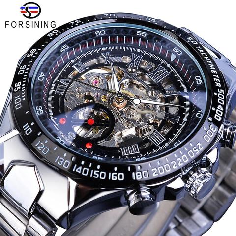 Forsining boîtier Transparent travail ouvert argent acier inoxydable mécanique squelette Sport montre-bracelet hommes Top marque luxe hommes horloge ► Photo 1/6