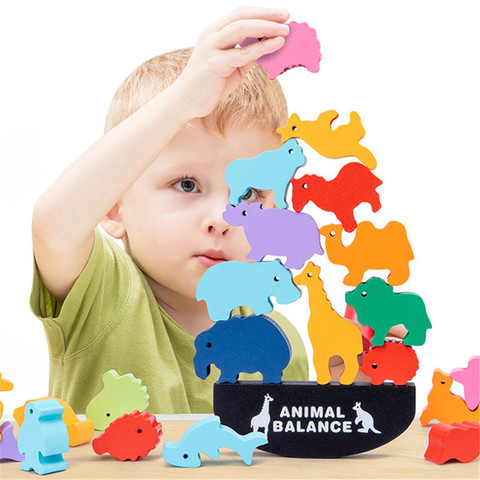 Enfants Montessori en bois animaux Balance blocs jeux de société jouet dinosaure éducatif empilage haut bloc de construction bois jouet garçons ► Photo 1/6