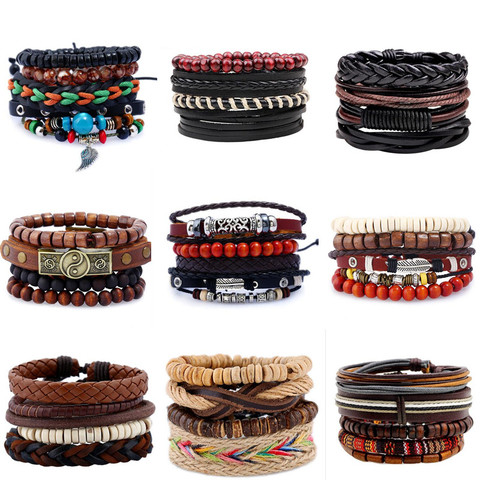 Bracelet en cuir Vintage multicouches pour hommes, breloque tressée à la main, breloque tissée, cordon enveloppé de perles, cadeau masculin, 4-6 pièces ► Photo 1/6