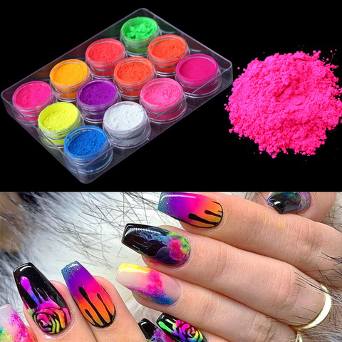 Néon Ongles Poudre Pigment Ensemble Fluorescence Paillettes À Ongles Paillettes Maquillage Miroitement Brillant Chrome Poussière Décoration ► Photo 1/6