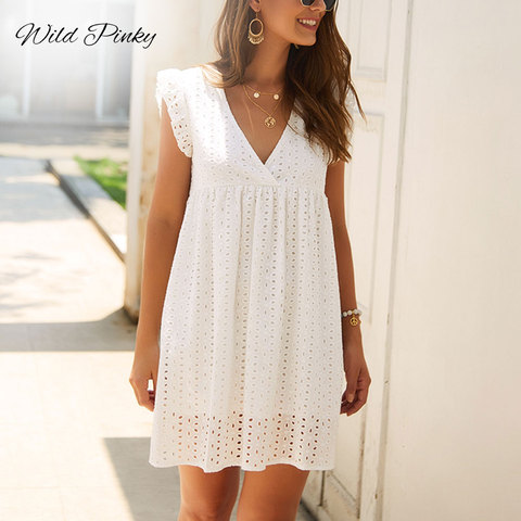 WildPinky-Mini robe d'été brodée en dentelle pour femmes, tenue Sexy, manches à volants, décontractée en coton rose, ajourée, courte ► Photo 1/6