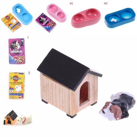 1/12 maison de poupée Miniature Mini chien chat nourriture pour animaux de compagnie avec plaque Simulation meubles modèle jouets pour poupée accessoires décoration ► Photo 1/6