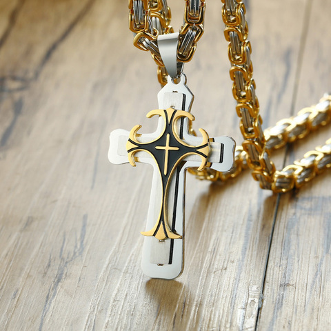 Collier croix Vnox pour hommes chaîne en acier inoxydable or byzantin pendentif Crucifix catholique ornements Punk Rock masculins ► Photo 1/6