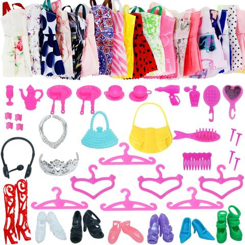 Accessoires pour poupée Barbie, 52 pièces aléatoires, 10x Mini robes + 42x accessoires, couronnes, sacs, cintres, chaussures, vêtements, jouet pour enfants ► Photo 1/6