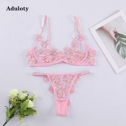 Meilleure vente de nouvelles femmes dentelle sous-vêtements brodés maille mince transparent sexy érotique lingerie à armatures rassembler soutien-gorge string ensemble ► Photo 1/6