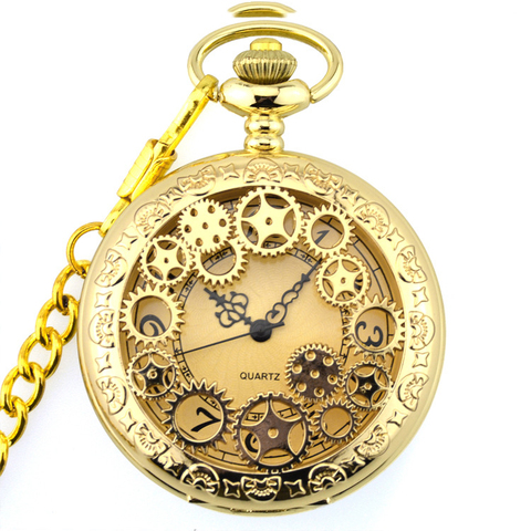 Rétro or mode engrenage creux Steampunk Quartz montre de poche en acier inoxydable pendentif pour hommes femmes reloj de bolsillo ► Photo 1/5