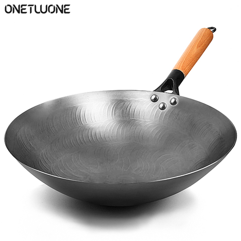 Wok traditionnel en fer antiadhésif fait à la main, ustensile de cuisine pour cuisinière à gaz, de haute qualité ► Photo 1/6