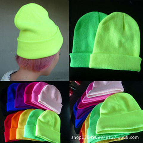Bonnet tricoté néon pour femmes, casquette élastique décontractée, chapeau chaud unisexe, 19 couleurs à la mode, automne hiver, 2022 ► Photo 1/6