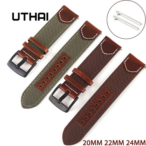 UTHAI-bracelet en cuir Vintage en nylon pour Samsung Galaxy 42MM 46MM gearS2 S3 Active 2, bracelet de montre à libération rapide Z33, 20MM 22MM 24MM ► Photo 1/6