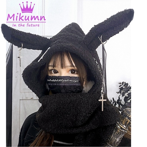 Japonais Harajuku filles longue lapin oreille chapeau gothique noir croix chaîne laine d'agneau hiver chaud à capuche écharpe casquettes Streetwear ► Photo 1/6