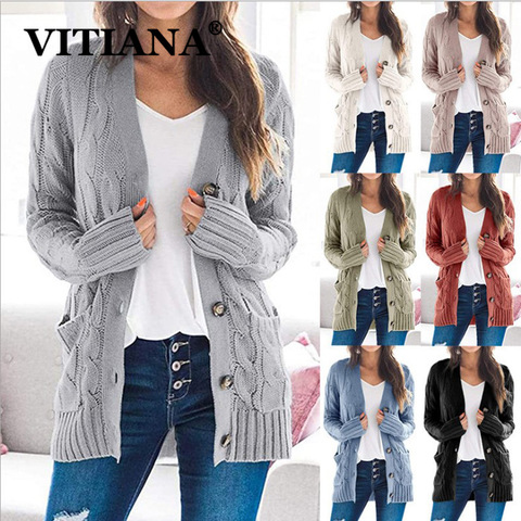 VITIANA tricot pull femmes automne 2022 Femme décontracté à manches longues bouton Cardigan tricoté chandails manteau Femme longs Cardigans ► Photo 1/6