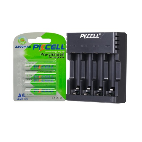 4 pièces PKCELL 2200mAh aa 1.2V Ni-MH AA batterie Rechargeable à faible autodécharge + chargeur de batterie AA/AAA prise USB à 4 emplacements ► Photo 1/6