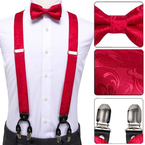 Hi-Tie – ensemble de 6 bretelles et nœud papillon pour homme, 100% soie, Vintage, cuir, métal, pour adulte, motif Floral rouge ► Photo 1/6