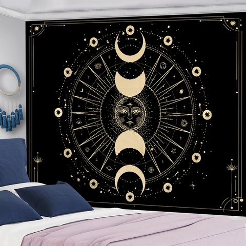 Tapisserie murale avec soleil doré et lune et Mandala indien, en tissu, style Boho, psychédélique ► Photo 1/6