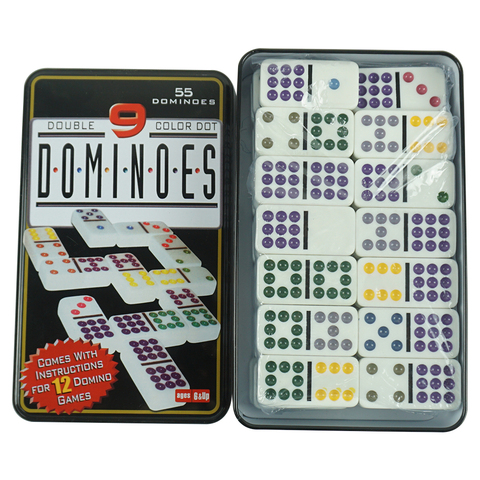 Double 9 points colorés dominos blancs avec étui en étain, bon marché, vente en gros ► Photo 1/6