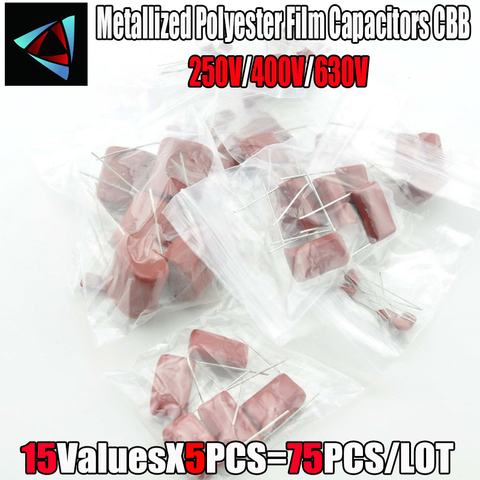 KIT d'assortiment de condensateurs en Film Polyester métallisé, 75 pièces = 15 valeur * 5 pièces, 250V 400V 630V 4.7nF ~ 1000nF ► Photo 1/1