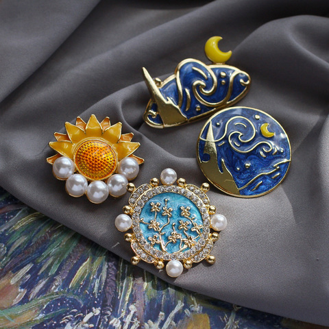 Peinture à l'huile tournesol, nouvelle collection Van Gogh, nuit étoilée, Cabochon, dôme, bijoux rétro, broche pour femmes, cadeau de fête ► Photo 1/6