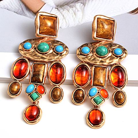 Boucles d'oreilles Vintage pour femmes, pierres colorées en métal de haute qualité, pendantes, longues gouttes, accessoires de bijouterie pour femmes ► Photo 1/6