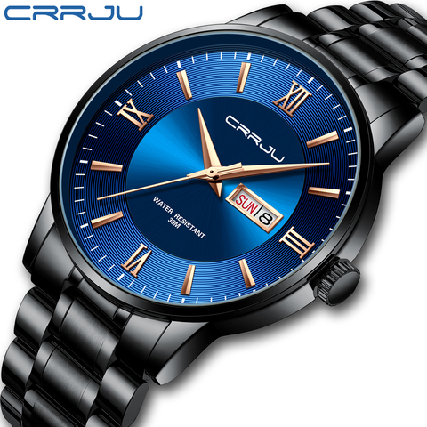 CRRJU – montre-bracelet en acier inoxydable pour hommes, étanche, à Quartz, cadeau, couleur bleu ► Photo 1/5
